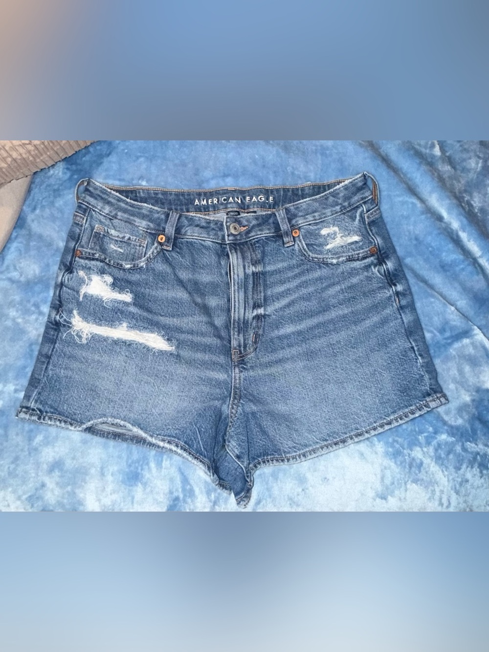 American Eagle Distressed Mom High-Rise Denim Shorts - Blue